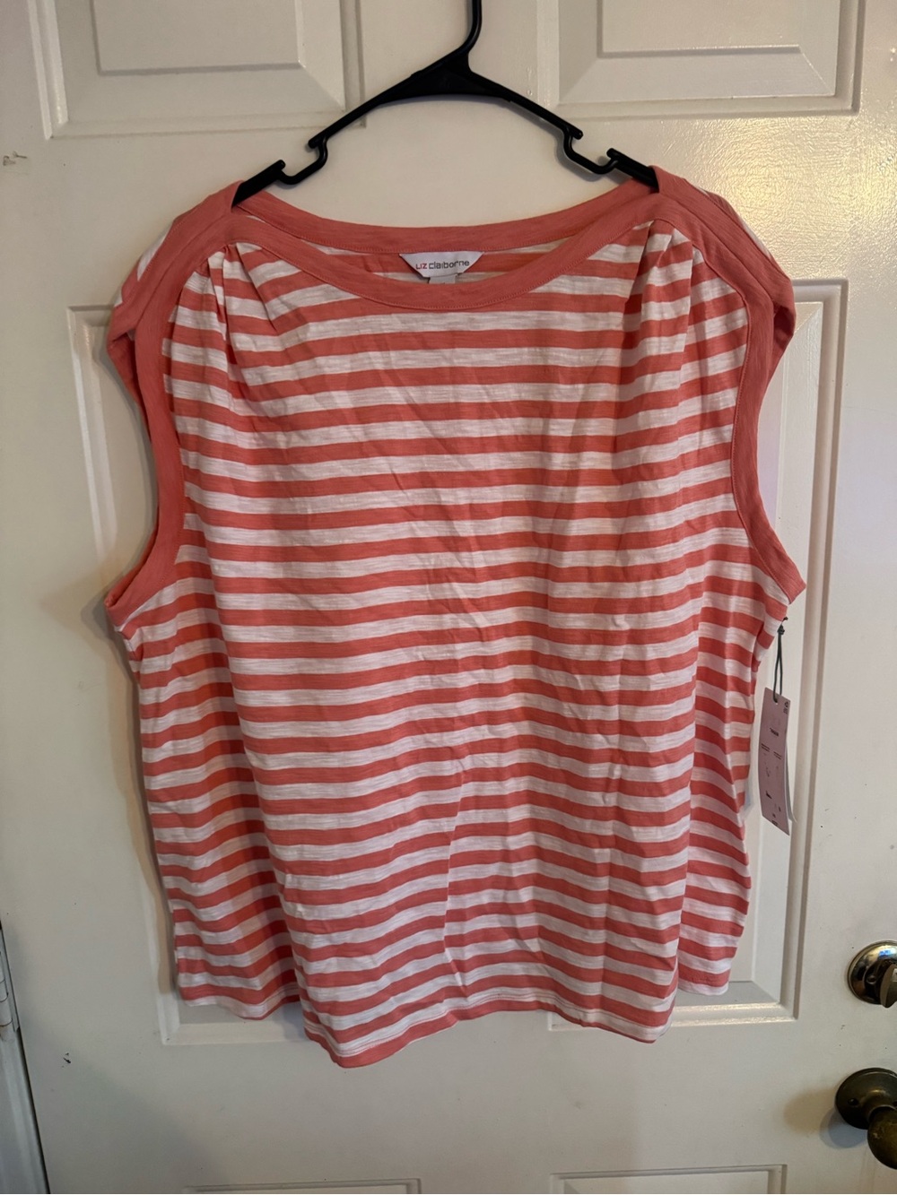 Liz Claiborne Coral & White Striped Sleeveless Boatneck Tank